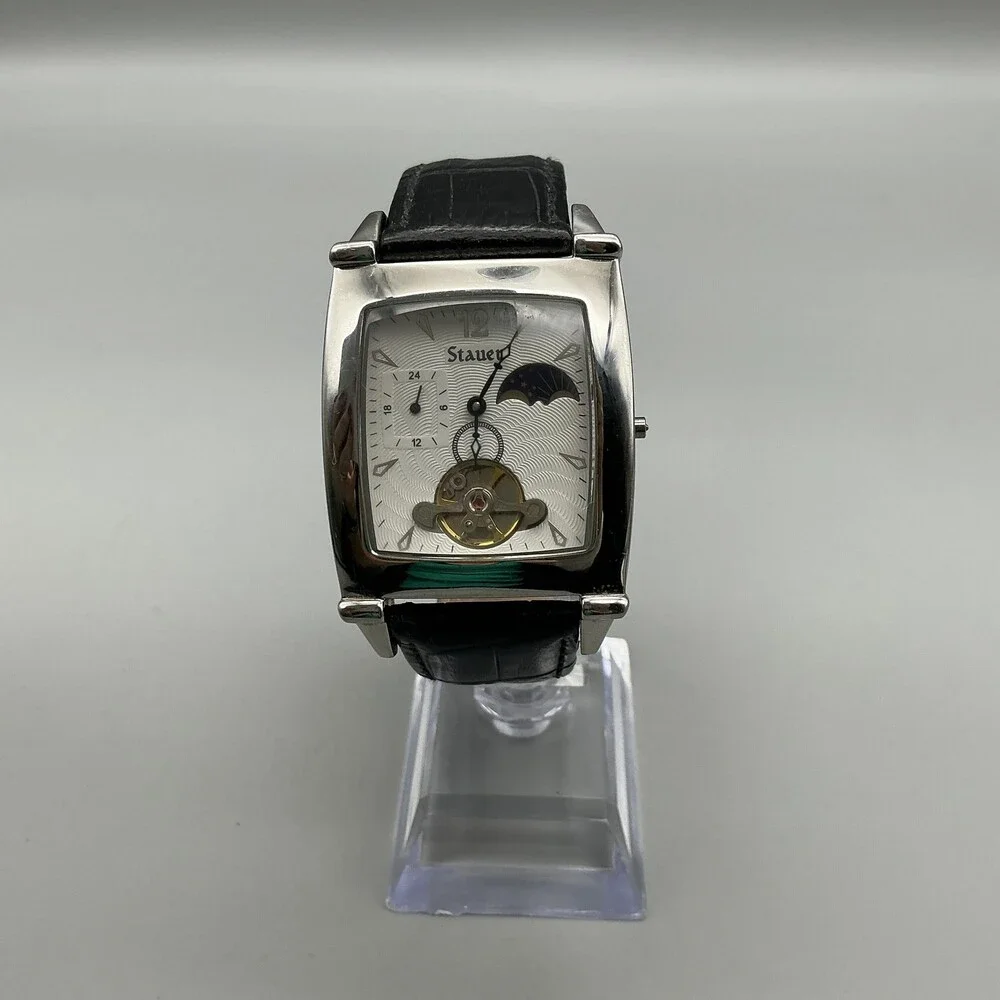 Stauer Mens Watch 35mm White Dial Black Leather Automatic Moon Phase For Parts